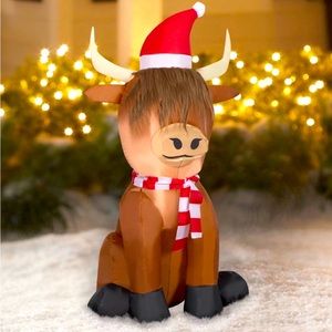 3.5' Christmas Highlander Cow Wearing Scarf & Santa Hat Inflatable NEW
